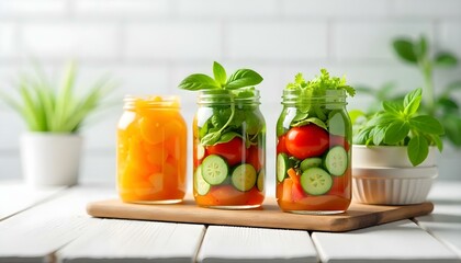 fresh vegetable salad in glass jars on wooden white table isolated on white