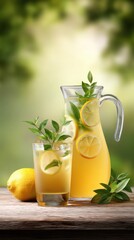Fototapeta premium refreshing lemonade or iced tea with fresh mint and lemon slices, placed on a rustic wooden table, sunlight filtering through the glass, organic textures of the fruit and herbs