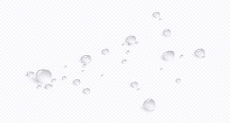 Transparent raindrops dripping down the glass.Realistic texture of wet condensation.Fresh water splash effect on the surface.Spreading liquid drops on transparent background. PNG