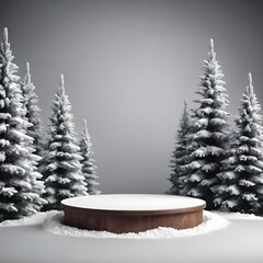 Winter Product Display Wooden Podium in Snowy Forest