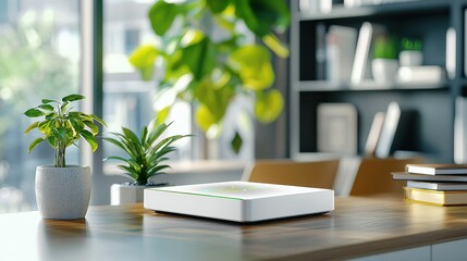 Fototapeta premium Modern wireless device on a desk surrounded by greenery in a bright workspace.
