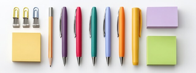 Naklejka premium set of colorful office supplies including pens, pencils, paper clips, and sticky notes arranged neatly on a pure white background, minimalistic 