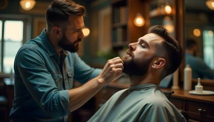 Barber shaving customers beard in vintage barber shop