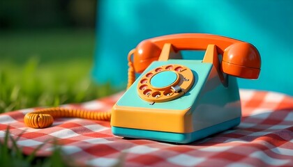bright and colorful retro telephone on blue background