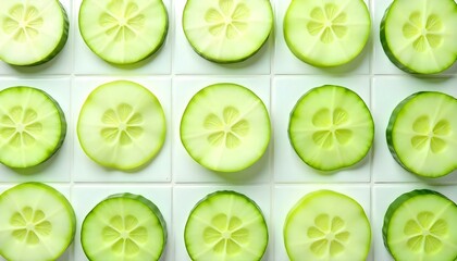 top view of cucumber slices on white background, seamless pattern