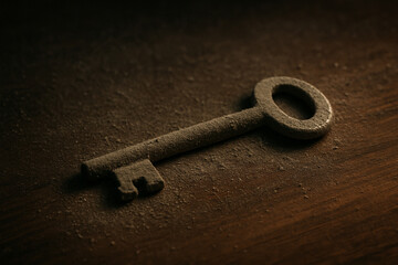 Staub der Jahre - Alter Schl&uuml;ssel auf verstaubter Holzoberfl&auml;che Dust of Years - Old Key on Dusty Wooden Surface 