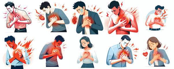 Naklejka premium Vector Set: Characters Experiencing Chest Pain or Heart Attack Symptoms