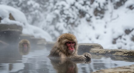 Naklejka premium Monkey relaxing in hot spring bath surrounded by steam and snow