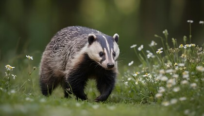 European Badger Walking Through Wildflowers