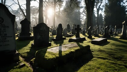 Sunlit Gravestones in a Mossy Cemetery