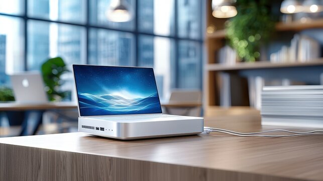 Sleek white laptop on a modern wooden desk in a bright office setting.