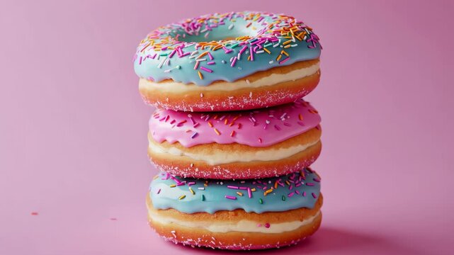 Colorful donut stack balancing act with sprinkles on pink background