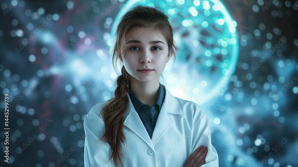 Poster this young student in a lab coat stands confidently, exploring ai and its impact on education.