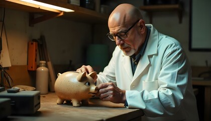 cropped view of man puting in piggy bank coin on wooden background