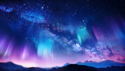 Fototapeta premium Aurora Borealis, Milky Way, Night Sky, Starry Landscape, Celestial Wonders, Purple Hues, Blue Light,