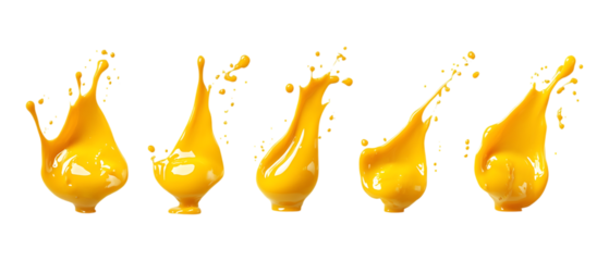 A row of five dynamic splashes and drips of bright orange or yellow liquid creates visual interest isolated on transparent background.
