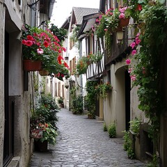 Fototapeta premium Charming cobblestone alley adorned with vibrant flowers in a picturesque village setting