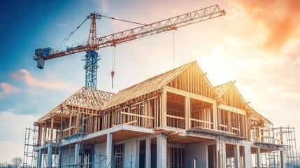 Crane builds house, sunset sky