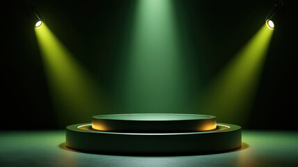Round minimalist stage illuminated with green and yellow spotlights, creating dramatic and elegant atmosphere for presentations or displays