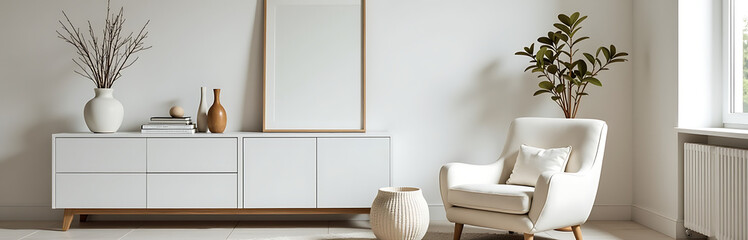 A harmonious living room interior features a white commode, bouclé armchair, coffee table, and decorative elements to create a balanced atmosphere._00001_