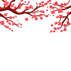 Red cherry blossoms on dark branches create striking contrast against transparency background, evoking sense of elegance and tranquility. delicate flowers are scattered across image