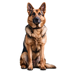 A majestic German Shepherd sits attentively, its rich tan and black coat highlighted against a black background. The dog's focused expression conveys loyalty and intelligence.
