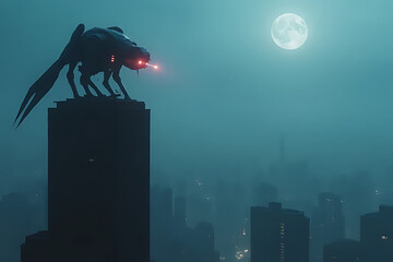 dramatic night scene of a gargoyle-like drone perched on a tall tower, scanning the city below with red laser eyes
