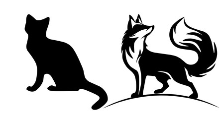 black silhouette of a cat simple illustration in isolated white background,Wolf silhouette logo icon. Howling predator sign. Wild canine animal symbol design