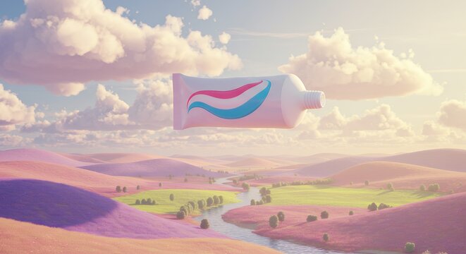 Stylized illustration of a toothpaste tube floating above a colorful landscape digital art style