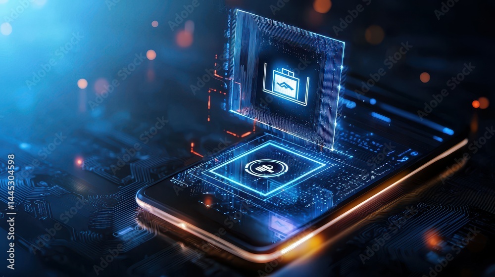 Poster futuristic smartphone displaying digital graphics and data interaction.