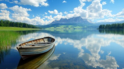 Fototapeta premium Calm lake, rowboat, mountain view, summer