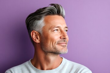 Obraz premium Purple solid background. A smiling man in a professional portrait session. Trendy men's high and tight haircut - midlife white man with grey hair. Conceptual art of style for aging men.