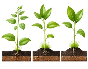 Three Stages of Plant Growth with Roots and Soil