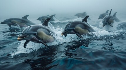 Fototapeta premium mist A school of dolphins moving gracefully in the open sea during a soft early morning