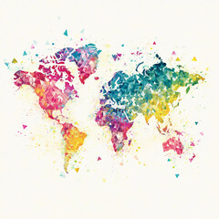 Watercolor style, world map, colorful, Asia-centered map. World map in watercolor style. Earth globe in watercolor style. Colorful world map consisting of triangles. Rainbow watercolor splatter