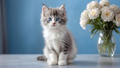 Cute Kitten with Blue Eyes and White Flowers