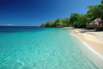 Fototapeta premium An amazing tropical beach scene with clear turquoise water and blue sky