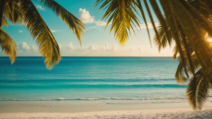 Fototapeta premium Stunning beach scene with crystal clear water, palm trees, and a tranquil, inviting vibe.