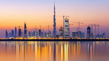 Naklejka premium Dubai sunset skyline, construction, reflection