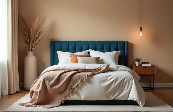 A bedroom space featuring earthy tones, a textured blue headboard, and soft textiles creates a cozy inviting atmosphere._00001_