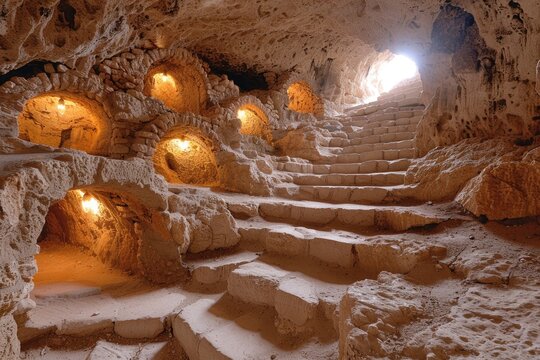 An ancient cave containing chambers and stairs illuminated by soft lights - Powered by Adobe