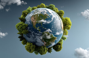 Blue planet Earth surrounded by lush green trees floating in sky with clouds, symbolizing nature and environmental protection in peaceful atmosphere
