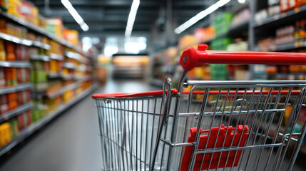 Close up of empty shopping cart with red handle in brightly lit supermarket aisle filled with various colorful products on shelves, evoking sense of anticipation and shopping experience