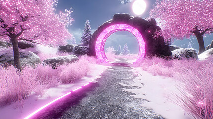 Pink portal in magical winter forest