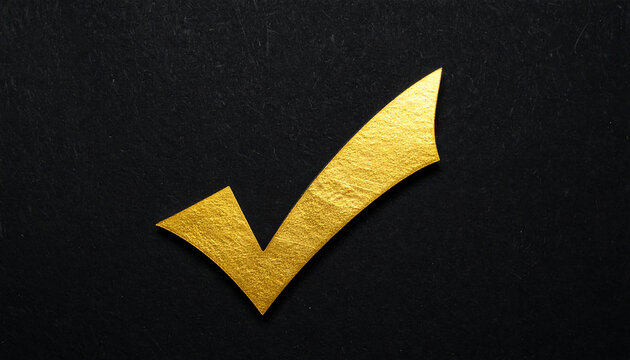 Shiny gold tick mark isolated on black backdrop. Confirmation or correct choice concept.