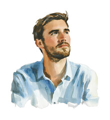 Portrait of a young caucasian male in watercolor art style
