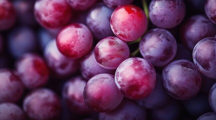 A close up photograph depicting a cluster of red grapes