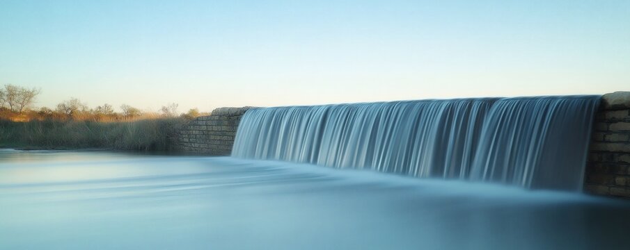 Peaceful waterfall cascading over a dam.