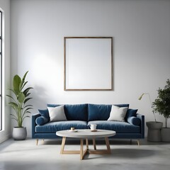 Modern Living Room Interior with Blue Velvet Sofa and Mockup Frame