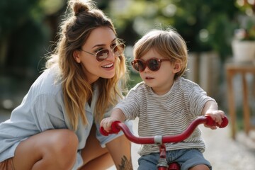 Loving mother and her adorable son on bike, learning to ride outdoor, close-up, natural light, lifestyle photography showcasing family moments, connection, and joyful outdoor activities.